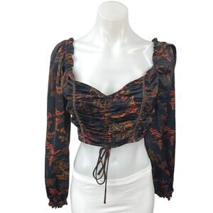 Urban Outfitters Caroleena Black Orange Ruched Puff Sleeve Blouse Crop Top Sz M